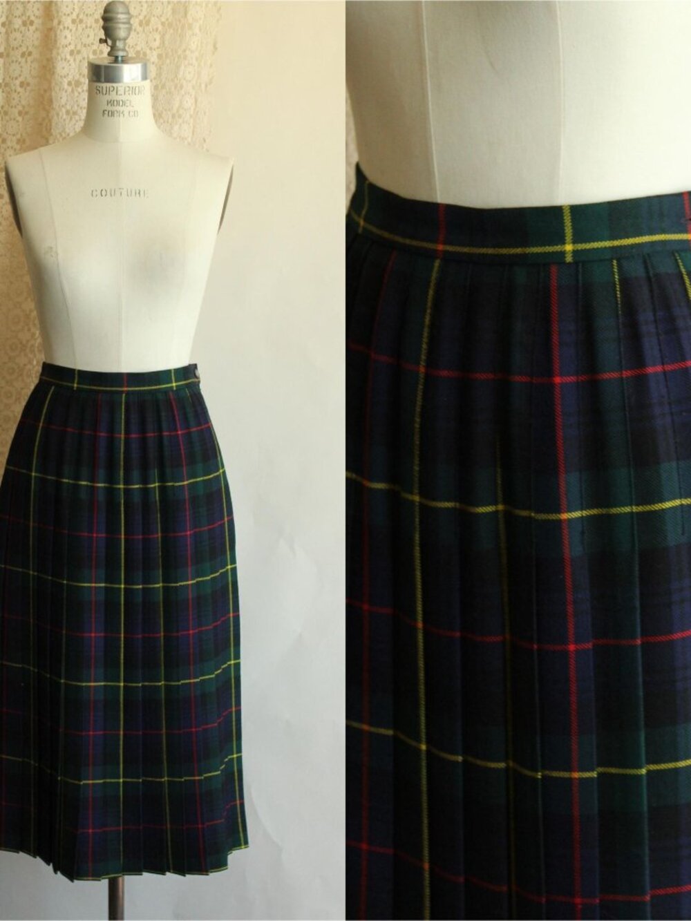 Vintage 1980s 1990 Wool Skirt, Modissa Green Blue and Red Plaid, Pleated, Woolma